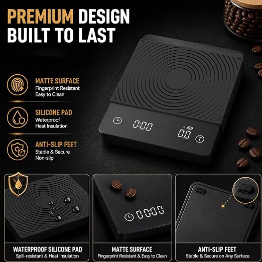 Smart Espresso Coffee Scale with Timer, 0.1g Accuracy, Flow Rate & Ratio | VIEYKEA Espresso Scale, Rechargeable Digital Pour Over Coffee Scale, G/oz/ml Unit, Auto Mode for Kitchen Home Office Travel