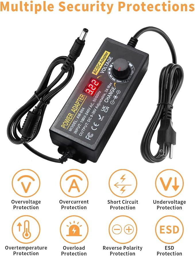 108W Universal Power Supply 9V 12V 14V 15V 16V 18V 19V 20V 24V 30V 36V Adjustable Variable AC/DC Adapter with Voltage Displays, 100V-240V AC to DC 9V~36V Converter 0.5A 1A 1.2A 1.5A 2A 2.5A 3A Max