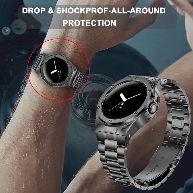 SUPLINK Metal Case and Band Compatible with Google Pixel Watch 3 45mm Bands Men, Stainless Steel Protective Rugged Case Adjustable Replacement Wristbands for Pixel Watch 3 45mm - Spacy Grey
