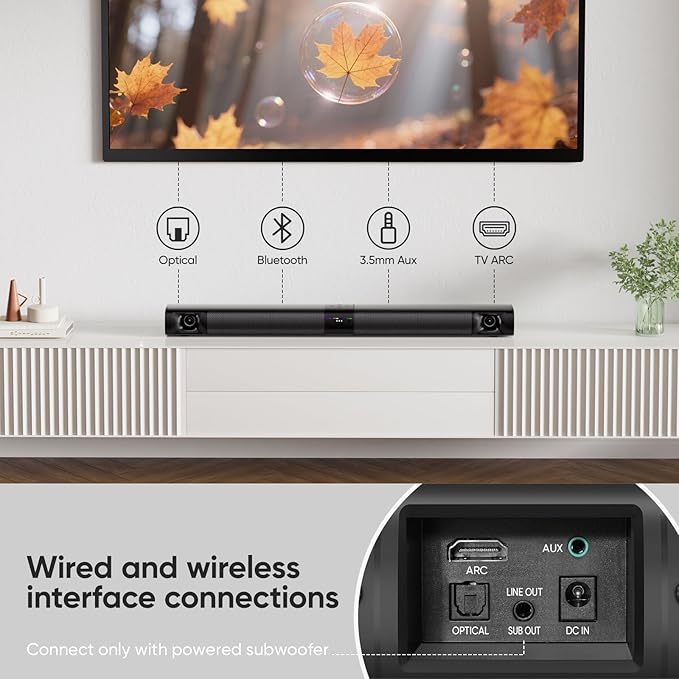 Sound Bar for Smart TV, 80W Surround Sound System, 2-in-1 Detachable Design, 2.0 Channel Soundbar, 4 Woofers & Dual Horn Tweeters, Bluetooth5.3 ARC AUX Optical Home Theater Speaker