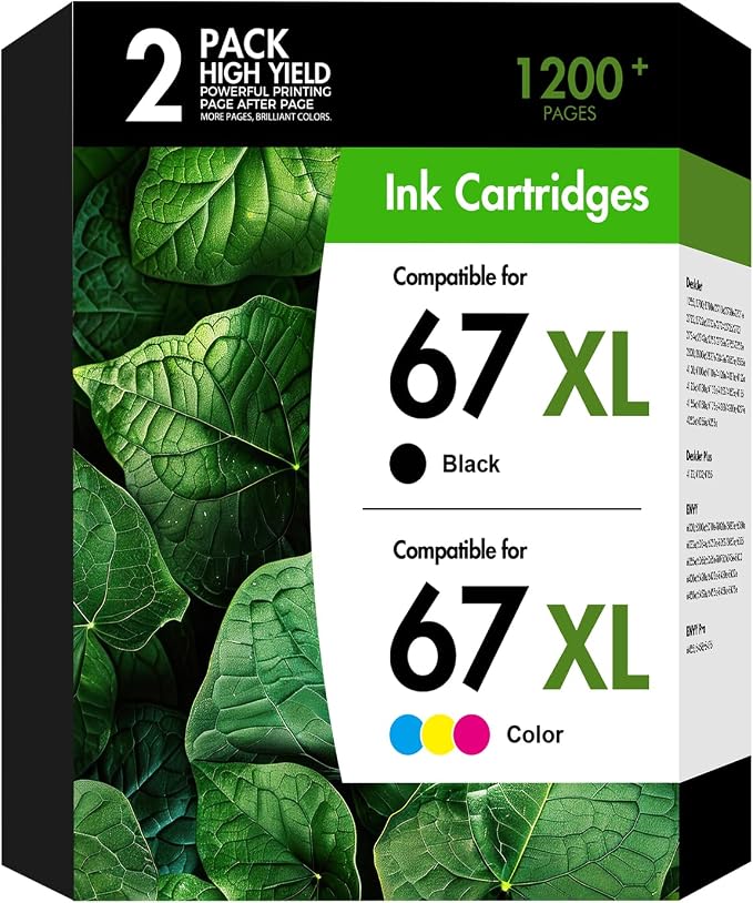 67 67xl Ink Cartridges Black/Color Combo Pack, 1 Black, 1 Tri-Color | Compatible with HP67 XL, For HP Deskjet 2800e 6055e 2855e 2755e 6000 4255e 2700 4155e 2827e 2700e 6400 6458 6458e