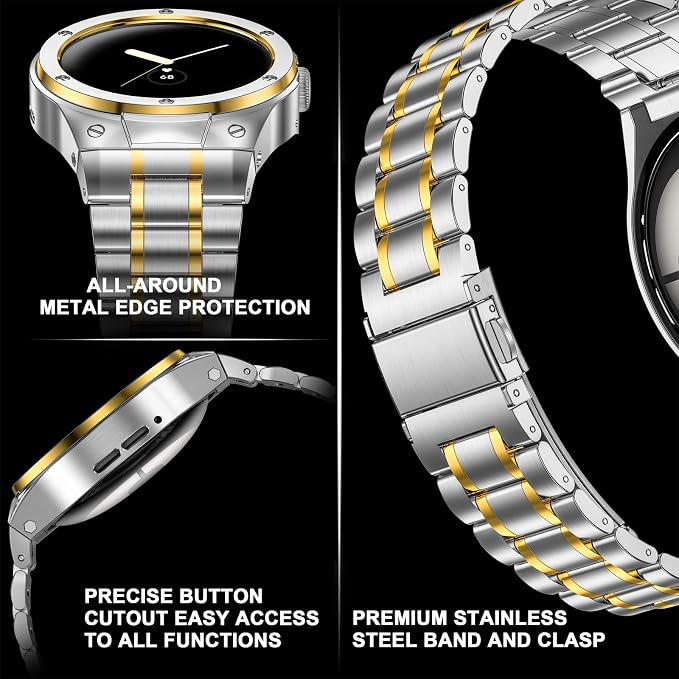 SUPLINK Stainless Steel Case and Bands Compatible with Google Pixel Watch 2/3 41mm Bands, Metal Strap Protective Bumper for Google Watch Band Men, Silver Gold