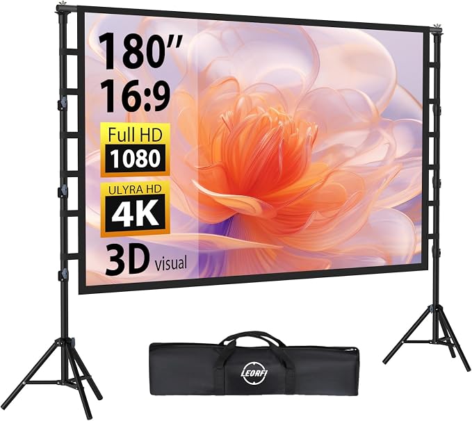 Outdoor Projector Screen with Stand: LEORFI 180 inch Projector Screen Portable, Indoor Projections Screen and Stand, Rear Front Movie Screen 16:9 4K Full HD,Support Height Adjustable for Home Theater