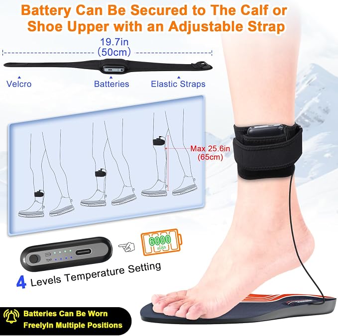 Heated Insoles, Heated Insoles for Women Men with 6000mAh Battery, 4 Temperature Rechargeable Foot Warmers, Full-Foot Heating, Electric Heating Insole for Outdoor Hunting Fishing Camping