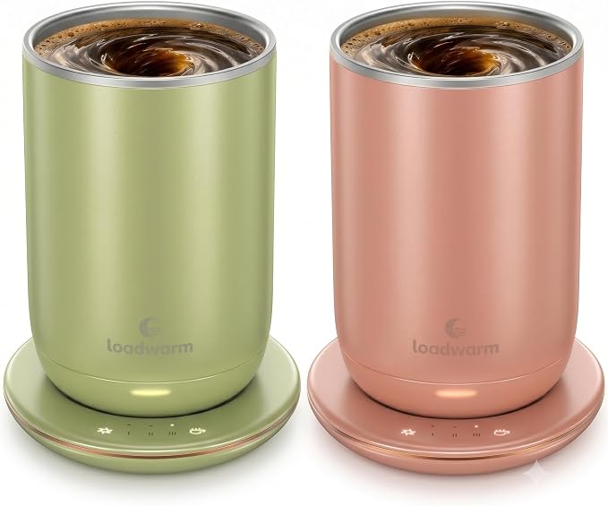 Self Heated Stirring Coffee Mug Set of 2, 10oz Cup with Warmer, RoseGreen | 3 temp settings, stainless steel interior, 8-hour auto shut-off, plug-in desk mug with Warmer gift set for office home