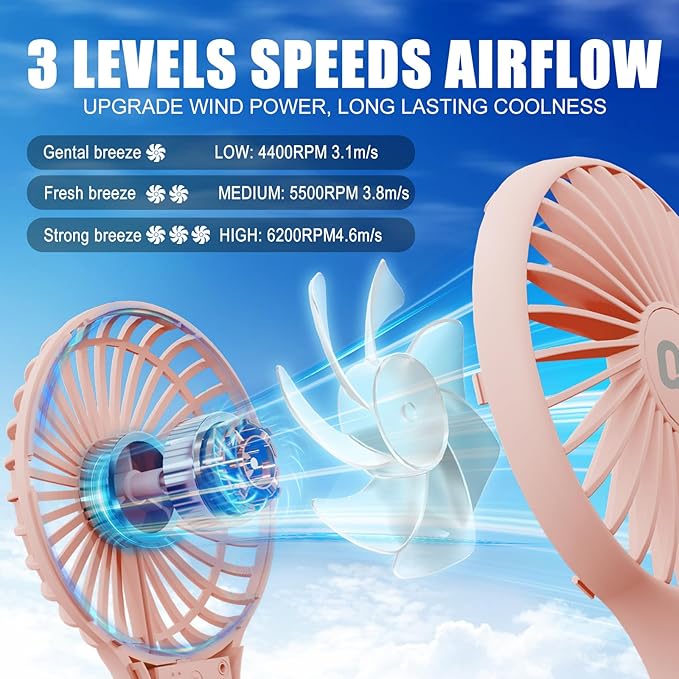 QQT Mini Handheld Fan, Small Personal Cooler with 3 Speeds, Portable Battery Operated, USB Rechargeable Makeup Eyelash Dryer, Strong Airflow for Travel, Office, Outdoor, Women, Men, and Kids(Pink)