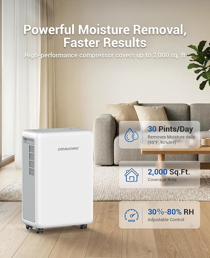 30 Pint Dehumidifier for Basement, Laundry Room & Closet, 2,000 Sq.Ft, Color Humidity Light, Continuous Drain Hose, 3 Modes, DRY Mode for Indoor Clothes, Auto Humidity Control, Washable Mesh