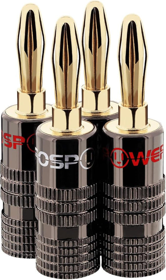 FosPower Banana Plugs 2 Pairs / 4 pcs, Closed Screw 24K Gold Plated Banana Speaker Plug Connectors for Speaker Wire, Wall Plate, Home Theater, Audio/Video Receiver, Amplifiers and Sound Systems