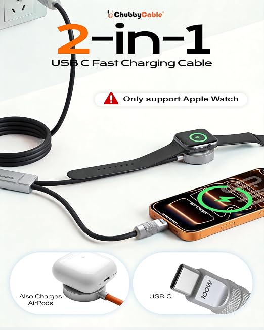 chubbycable Duo-Core Flex 2-in-1 USB C Cable 100W Fast Charging 5W [40Mins 80%] Magnetic Apple Watch Charger 4FT Soft Silicone Compatible with iWatch, iPhone, iPad, MacBook, AirPods, Black