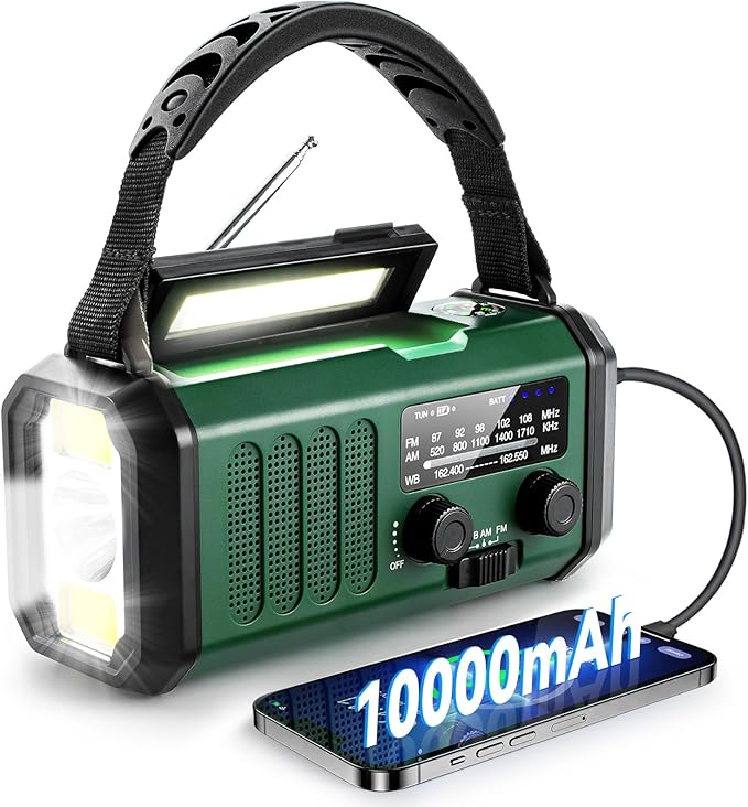 NOAA Emergency Weather Radio,Best Portable 10000mAh Battery/Hand Crank/Solar Powered AM/FM Wind Up Radios,Type-C Phone Charger,Flashlight,Reading Lamp,Compass,SOS Survival Alert,Power Outages Outdoor