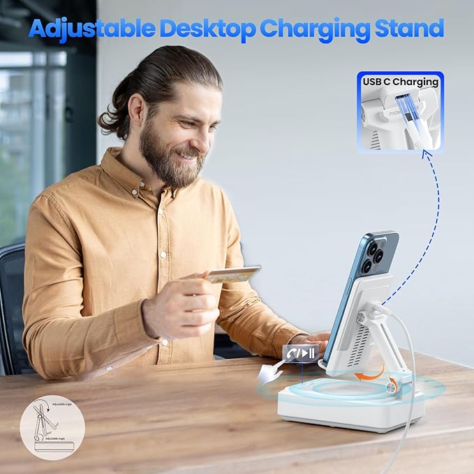 Jteman Cell Phone Stand with Bluetooth Speaker and Wireless Charger,Desktop Charging Station Stand Speaker for iPhone,Christmas Birthday Gift for Men Women (White)