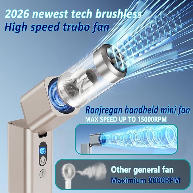 Metal Mini Handheld Fan 1-100 speed 15000RPM, 5000mAh Rechargeable Powerful Handheld Turbo Fan with Flashlight, Personal Portable Mini Hand Held Fan for Travel Camping Beach,Gifts for Women (Gold)