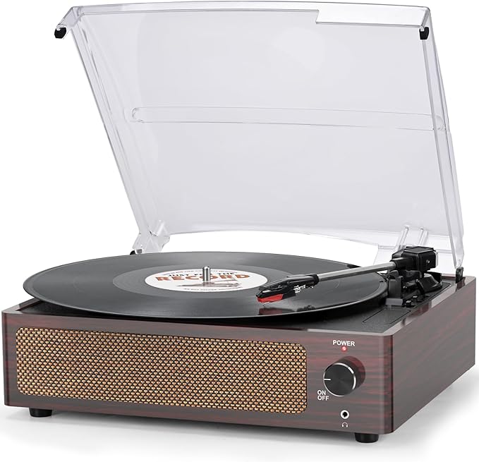 Vinyl Record Player with Speakers Vintage Turntable for Vinyl Records Belt-Driven Turn Table 3-Speed 3 Size Wireless Playback Headphone AUX-in RCA Line LP Vinyls Players Auto Stop Dark Red