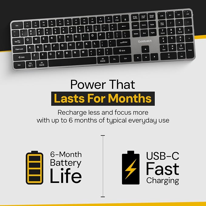 Goldtouch Trident Standard Keyboard. Full-Size Multi-Device Keyboard. 2.4GHz, Dual Bluetooth & USB Wired. Low-Profile Scissor Switch. 6-Month Battery. Slim Office Keyboard
