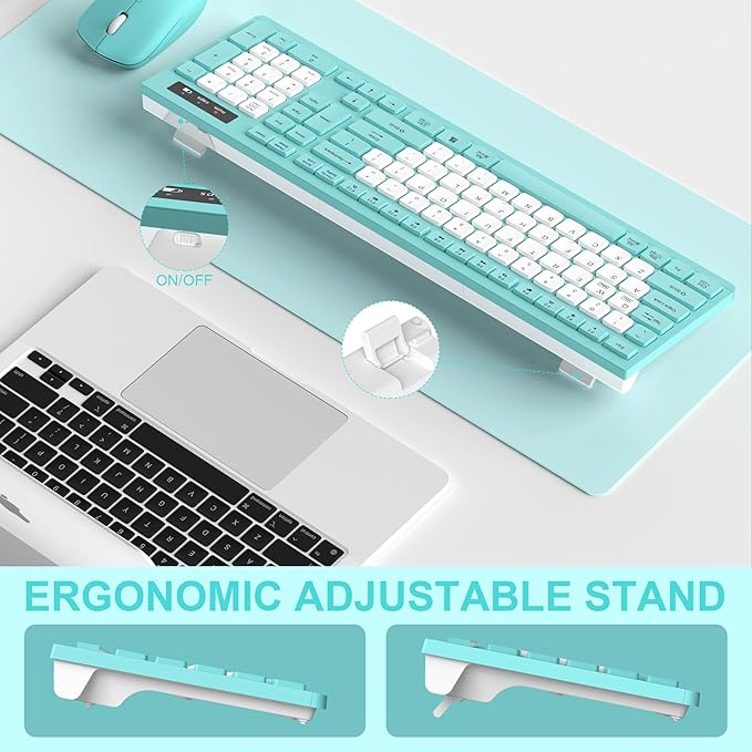 Wireless Keyboard and Mouse Combo, Full-Sized Quiet Wireless Keyboard and Adjustable DPI Mouse, 2.4GHz USB Receiver, Keyboard and Mouse for PC, Windows, Desktop, Laptop (Tiffany Blue and White-B)