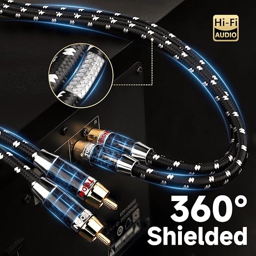 TODN Auidophile RCA Cables 10ft 4-Core-OFC Shielded for HiFi Home Audio | Noise Reduction, 24K Gold-plated Plug, Carbon Fiber Shell, RCA Male to RCA Male, Left and Right Channel, For Turntable/CD/Amp