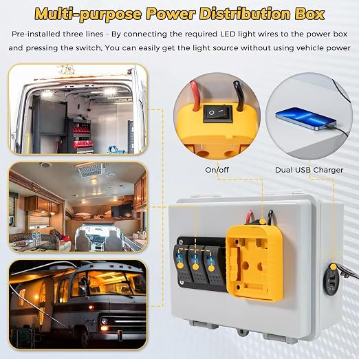 Power Distribution Box with Battery Adapter Fit for De.Walt 20V Battery, for RV Truck Trailer/Warehouse/Shed, with Pre-Installed Lines/Dual USB Charger/Low Voltage Protection, Battery Not Included