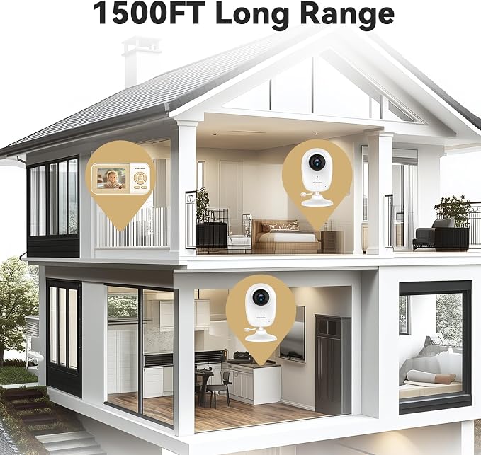 ebemate WiFi Video Baby Monitor with 2 Camera,2.8" Display with 1500Ft Long Range,WiFi On/Off,1080P No Glow Night Vision,2-Way Talk Baby Cam Monitoring