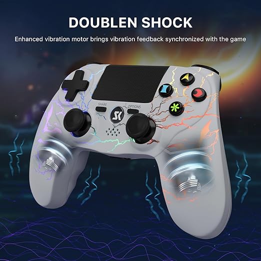 Kujian Wireless Controller for PS4 with RGB, Gaming Remote for PS4 with1000mAh Battery/Dual Shock/6-Axis Gyro/3.5mm Audio Jack/Speaker, Gaming Controller for Playstation 4/PS3(White)