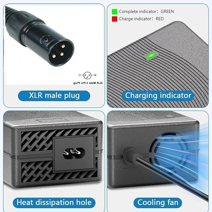 24V (29V) 5A 3-Pin Fast Battery Charger for Wheelchair Lakematic, Pride Mobility, Jazzy Power Chair, for Drive Medical, Golden Technologies, Rascal, Shoprider, Heartway, Bladez, Quantum Power Cord