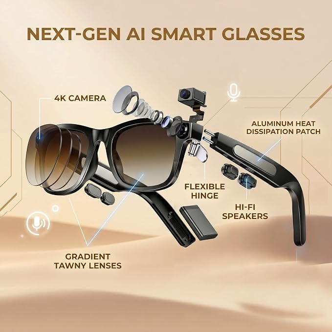 EarlySincere Smart Glasses with 4K Camera & EIS, Audio Video Recording Glasses with Live Translation Voice Assistant, Gradient Tea Sunglasses Lenses, UV400 Protection TR90 Frame