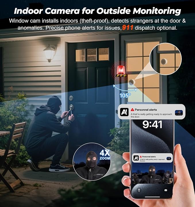 4MP 2K Window Security Camera, 5G & 2.4GHz WiFi Indoor Camera Wireless, Blacklight Color Night Vision Monitor Outside Window Cam Mount Glass, 24/7 Recording AI Motion Detection, Quick Magnetic Install