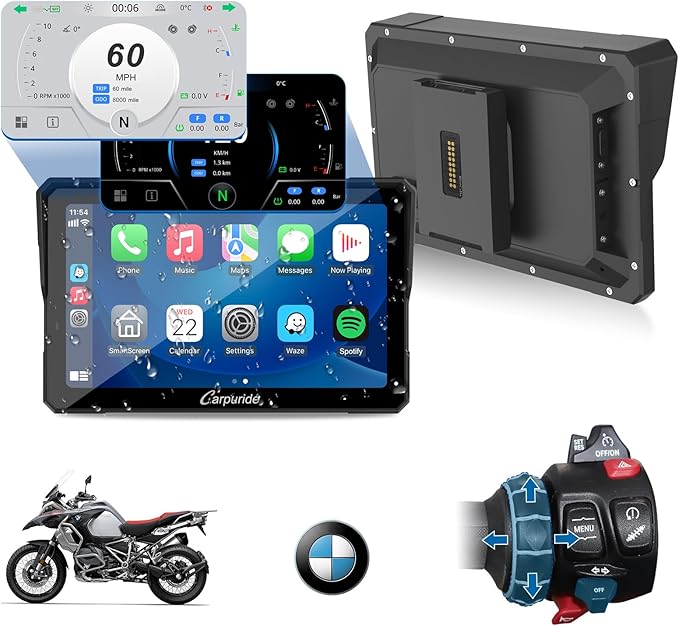 CARPURIDE W702BS for BMW Motorcycle CarPlay & Android Auto Dual Bluetooth, 7" Waterproof GPS Navigation Screen, Data Reading, Native Wonder, TPMS, Light Sensor, Music Sharing, Intercom, 16-Pin