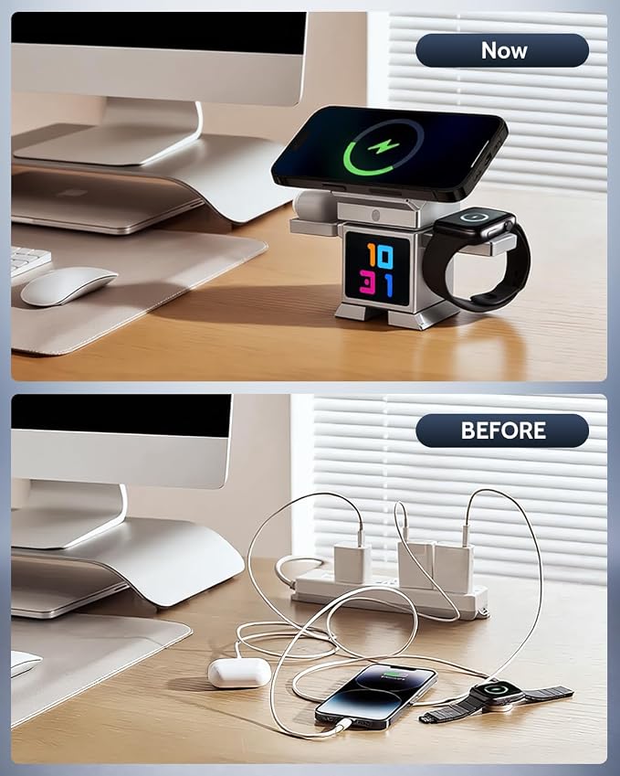ModiTech 7 in 1 Wireless Charging Station for Apple - Qi2.2 Certified 25W Magnetic Magsafe Charger Stand for iPhone 17/16/15/14/13/12 - Apple Watch - Airpods Series, Silver with Adapter
