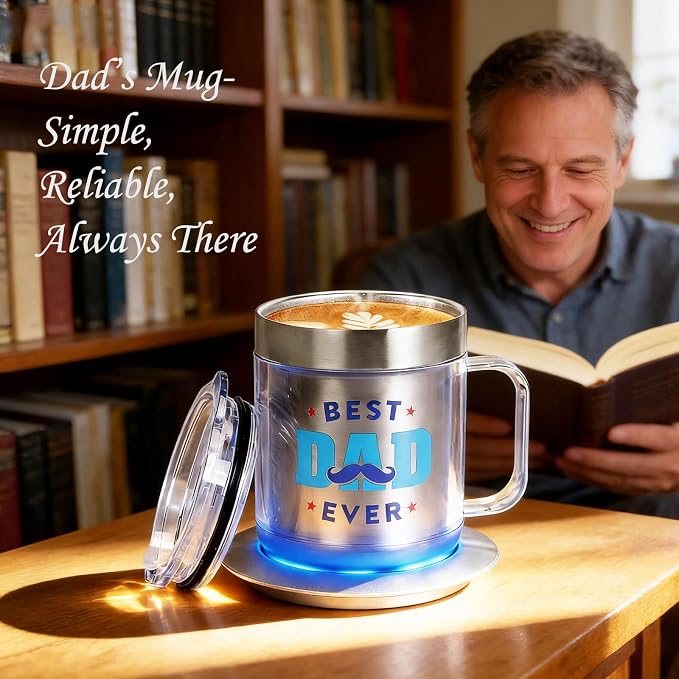 Birthday Gifts for Dad, 12oz Funny Heated Coffee Mug for Dad with BEST DAD EVER, Electric Coffee Cup with Warmer Set, Ideal Valentines Father Day Gifts from Wife Daughter Son(Silver DAD-12oz)