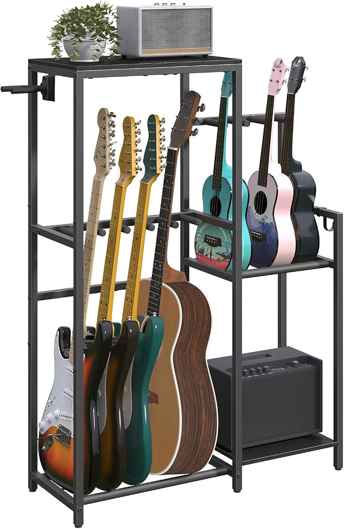 MAHANCRIS Multi-Guitar Rack, for Acoustic, Electric, Bass, Ukulele, Banjo, 5 Guitars, AMP Stand, Record Rack, Accessory Holder, EVA Cover, Home Studio, Black GSHB8501