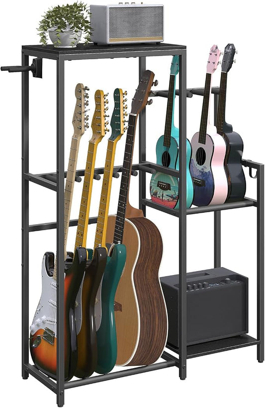 MAHANCRIS Multi-Guitar Rack, for Acoustic, Electric, Bass, Ukulele, Banjo, 5 Guitars, AMP Stand, Record Rack, Accessory Holder, EVA Cover, Home Studio, Black GSHB8501
