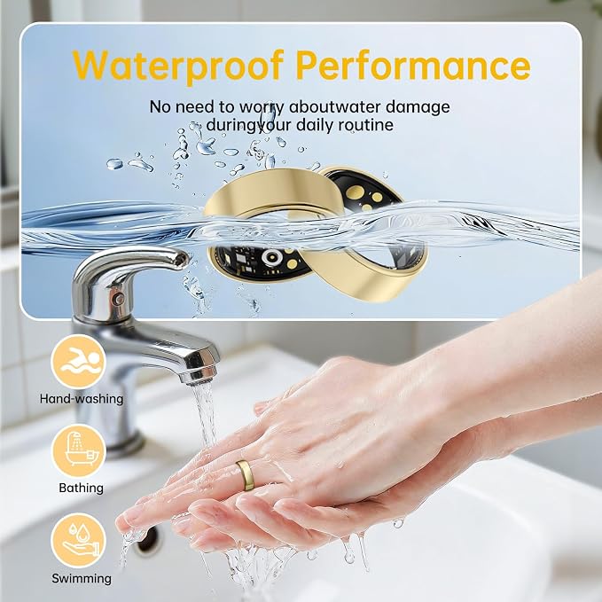 Smart Ring for Women & Men, Health Tracker Ring with Heart Rate, SpO2, Blood Pressure,Temperature, HRV & Stress, IP68 Waterproof Fitness Ring, Sleep Tracker for iPhone & Android, No App Fee(Gold, 11#)