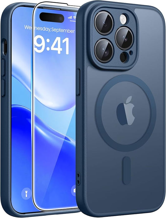 FNTCASE for iPhone 14 Pro Case: [Compatible with Magsafe] Translucent Matte Cases with [Full Camera Protection] [Screen Protector] Military Grade Shockproof Protective Phone Cover - Blue