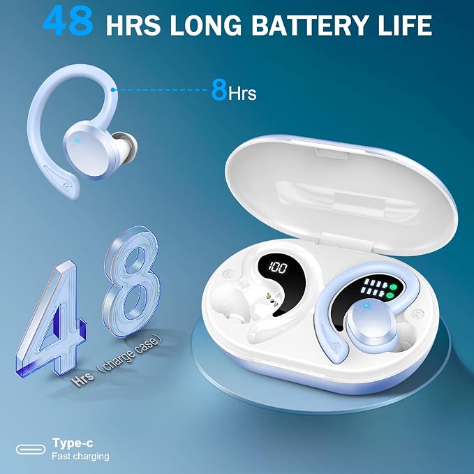 Wireless Earbuds Sport, 2025 Bluetooth 5.3 Headphones Bass Hi-Fi Stereo Over Ear Buds, 48Hrs Noise Cancelling Headset with Earhook, IP7 Waterproof Earphones Workout Running for Laptop Pad Android iOS
