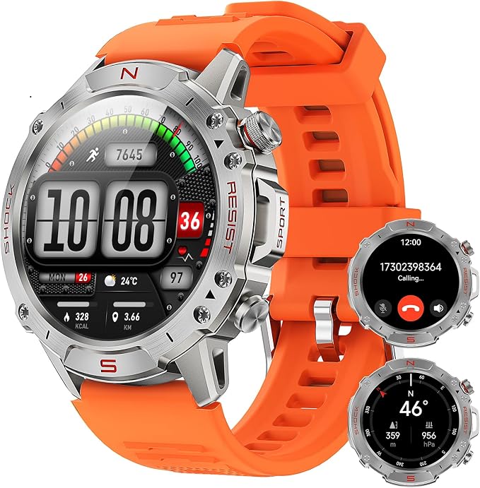 WALKERFIT Running Smart Watch for Men, 1.43" AMOLED Orange Silicone Band, 5ATM Waterproof for Running Marathon Triathlon Swim, 170+ Sport Modes,Heart Rate Pace Tracker,Fitness Watch for iPhone Android