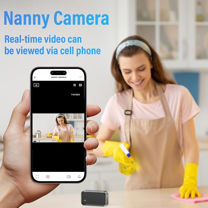 Security-Mini-Camera, 4K Real Full HD Nanny Cam with Two Sets of Alarm Clock Setting for Home Security, Night Vision & Motion Detection Alerts, Mobile Phone App Remote Control, Support 2.4G and 5G
