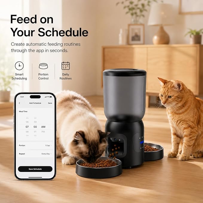 Smart Pet Feeder with Dual 2K Camera & AI Recognition, Dual Bowl Automatic Cat Feeder for Two Cats & Dogs, 6L WiFi Pet Feeder with App Control, 2-Way Audio, Motion Tracking, Anti-Clog Design