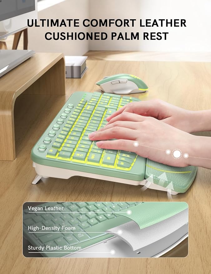 SABLUTE Ergonomic Wireless Keyboard and Mouse Combo - Wave Keyboard with Soft Leather Wrist Rest, Resistant Keys, RGB Backlit Rechargeable Set for PC/Mac/Chromebook (Green)