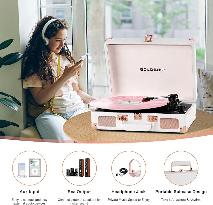 Portable Record Player with Bluetooth, 3-Speed Vinyl Turntable with Built-in Battery, Suitcase Design, Headphone Jack, RCA & Aux Connectivity for Indoor & Outdoor Listening