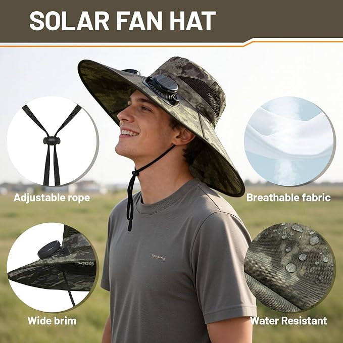Solar Fan Hat, Wide Brim Sun Hat with 2 Built-in Solar Fans, UPF 50+ Sun Protection Outdoor Fishing Hiking Camping Beach