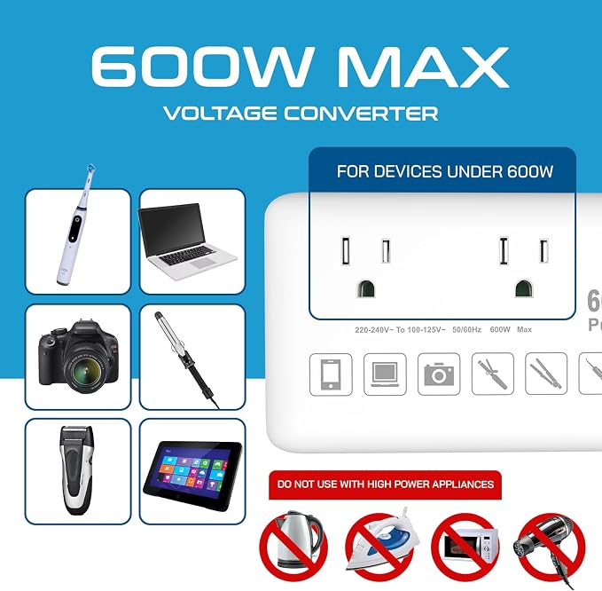 Ceptics 600W Pure Sine Wave 220v to 110v Converter, Step Down Voltage Converter us to Europe, 6 Plug attachments and 4 USB Ports (35W max), Perfect for Hair dryers, Straighteners and Curling Irons