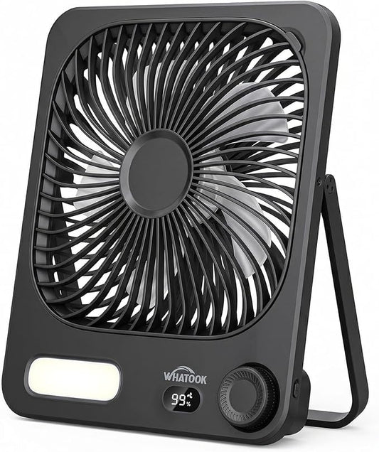 WHATOOK Large Travel Desk Fan Night Light: 10000mAh Battery 40 Hours Runtime Silent Rechargeable Fans, Quite Personal Portable Fan for Camping Bedroom Office Small Desktop fan (8.3 * 7.1inch) (Black)