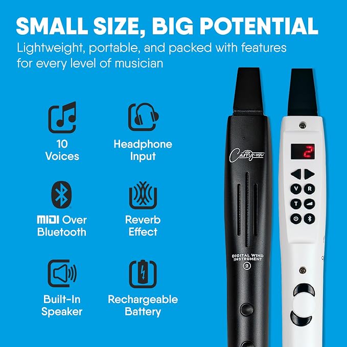 Carry-on Digital Wind Instrument 2 - Lightweight and Rechargeable - 10 Instrument Voices - Built-In Speaker and MIDI over Bluetooth Connectivity for Performances and Practice Anywhere - Black