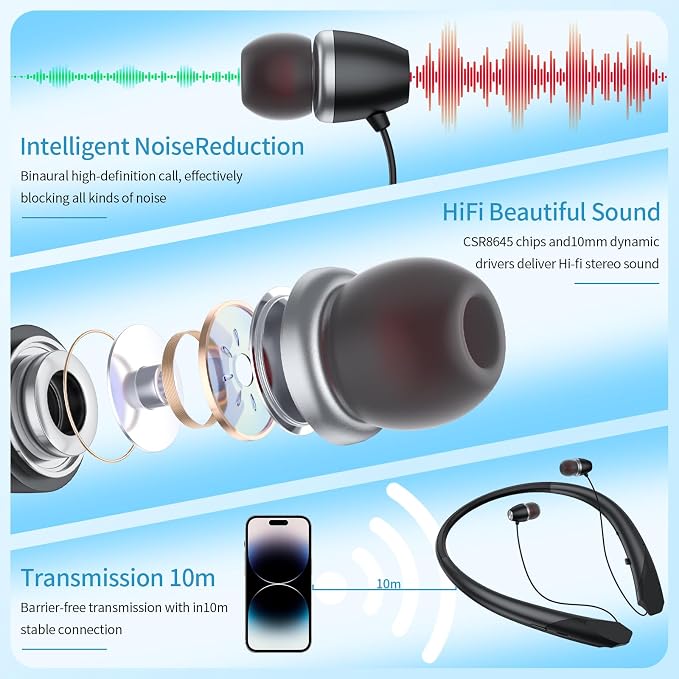 Bluetooth Headphones Retractable Neckband, Bluetooth Headset Wireless Earbuds with Microphone Vibration Call, Stereo Noise Cancelling Earphones (Black)