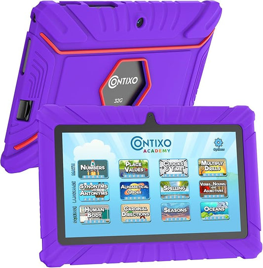 Contixo V8 7" Kids Tablet - 32GB Storage, Pre-Loaded Exclusive Ad-Free Content, Android, Parental Controls, Durable Kid-Proof Case, IPS Touch Screen, Dual Camera, WiFi, Ages 3-12, Gift - Purple