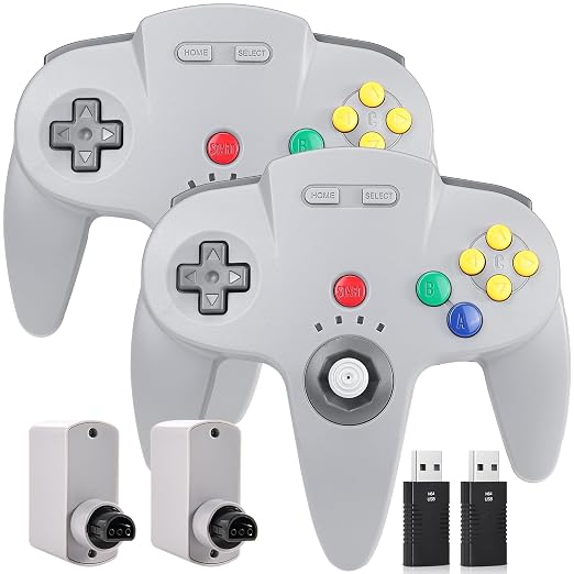 2 Pack Wireless N64 Switch Online Controller, with 2.4 GHz USB & N64 Receivers, Compatible with Windows PC macOS, N64 Console / Switch / NSO - (Rechargeable) (Plug and Play) (Built-in Rumble) (Grey)