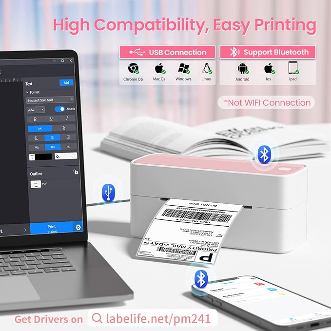 Phomemo 241BT Bluetooth Thermal Shipping Label Printer 4X6 - Wireless Thermal Label Printer for Shipping Packages + 2 Inch Color Circle Thermal Sticker Labels 400