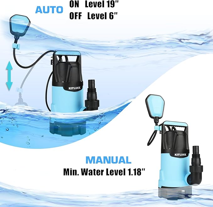 KITLUCK Submersible Water Pump, 1-1/4HP 4500GPH High Flow Sump Pump with Float Switch, 23ft Power Cord, Portable Utility Water Pump for Swimming Pool, Garden Pond, Flood Basement, Tub Water Removal