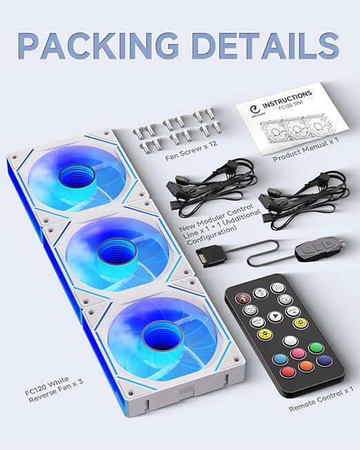 FC 120mm Case Fans White 3Pack, Infinity Mirror PWM PC Fans Reverse with Multiple Lighting Modes, ARGB Sync & Remote Control, Daisy Chain, High Airflow HDB, Compatible with CPU Liquid Coolers