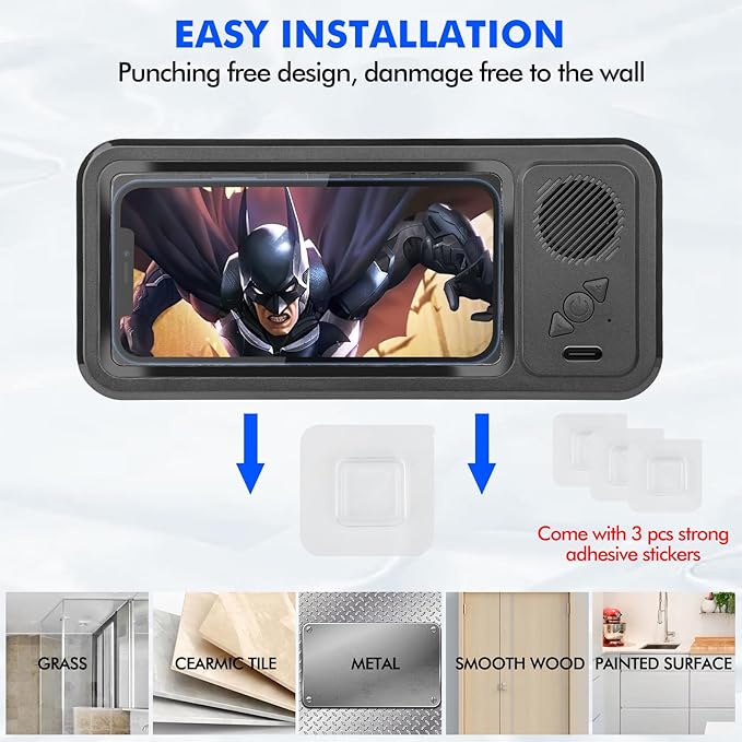 Shower Phone Holder with Wireless Bluetooth Speaker, Waterproof 480 Rotation Viewable Shower Phone Stand Case Mount Speakers for Bathroom Wall Mirro for 4"- 6.8" Cell Phones ,Gift for Mom(Black)